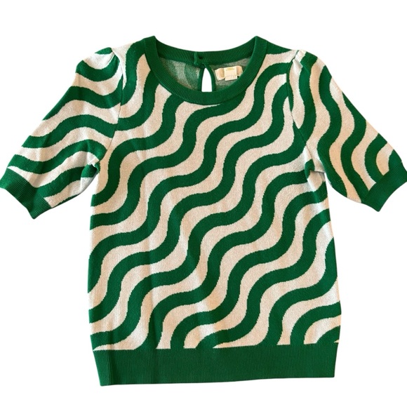 Anthropologie Sweaters - Anthropologie Maeve beautiful 💚green/white short sleeve sweater. Size Small.